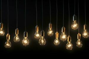 Garlands of light bulbs on a black background. AI-Generated photo