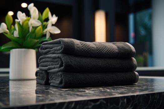 Set of black terry towels. AI-Generated photo