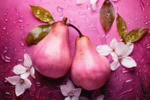 Two red pears painted in metallic pink with white flowers. AI generated photo