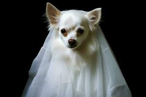 Dog wearing a ghost costume background, copy space, for Halloween concept. Ai generated photo