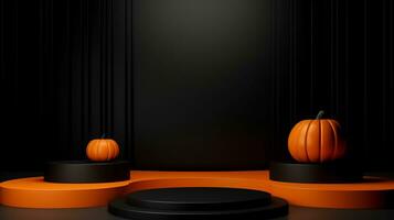 Podium Scene for product display with pumpkin bats spooky Halloween style empty space. Ai generated photo