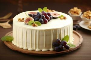 Creamy white cake decorated with fig halves and grapes. AI Generated photo