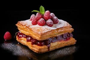 Cubic croissant with raspberry filling. AI generated photo