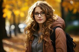 A student girl with a backpack and glasses goes to the park in autumn. AI-Generated photo