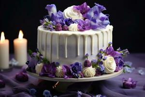 Bouquet pastries, white cake with purple flowers. AI generated photo