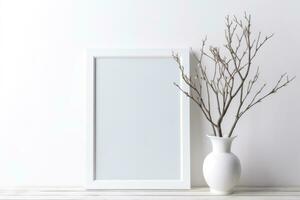 A white frame stands on a table with a vase and branches. AI Generated photo