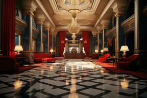 The interior of the red hall of a luxurious spacious hotel photo