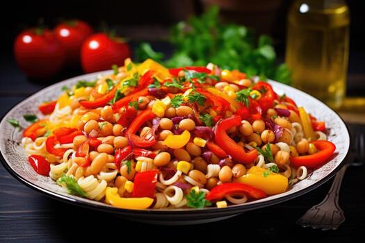Salad of canned beans, corn, tomatoes, peppers and onions and spaghetti paste, lightly pickled in the dressing. AI-Generated photo