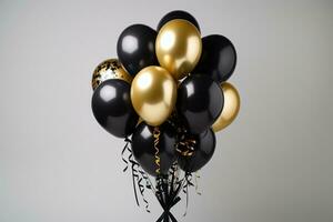 A bunch of black and gold helium balloons. AI Generated photo