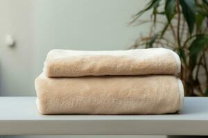 A set of beige bath terry towels on a wooden table. AI generated photo