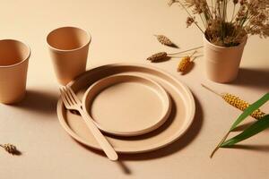Dishes made of eco-friendly materials are on a tray. AI Generated photo