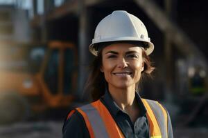 A young worker in a white helmet and vest stands on a construction site. AI-Generated photo