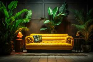 A sofa with neon lighting stands in a room with tropical plants. AI-Generated photo