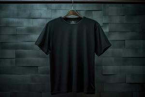 Black cotton T-shirt hanging on a hanger, a place for text. AI generated photo