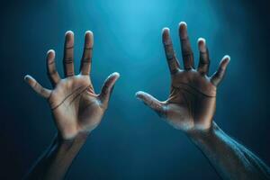 Two hands on a blue background. AI-Generated photo
