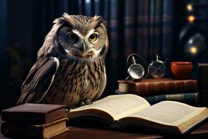 un búho con lentes es sentado en el biblioteca con un libro. ai generado foto