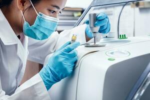 Scientists use the Fourier Transform Infrared Spectroscopy FTIR instrument to analyze and chemical characterization of substances. The instrumental FTIR is used for scientific research and industrial. photo