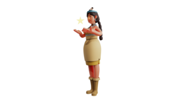 3D illustration. Indian Girl 3D Cartoon Character. The Indian girl raised her hands and there were shining stars above them. Indian girl amazed by falling star. 3D cartoon character png