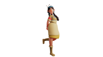 3D illustration. Adorable Girl 3D Cartoon Character. Beautiful girl with a pose lifting one leg back. A cute girl who smiles sweetly and looks charming. 3D cartoon character png