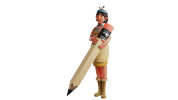 3D illustration. Unique Girl 3D cartoon character. Beautiful girls look different when wearing charming Indian costumes. Indian girl holding a giant pencil. 3D cartoon character png