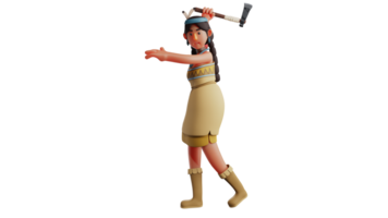 3D illustration. Hunter 3D Cartoon Character. Beautiful hunter cuts down a tree using a sharp axe. A cruel woman who swings her axe. 3D cartoon character png