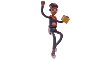 3D illustration. Cute Student 3D Cartoon Character. Student in a jumping pose while clenching his fists. Handsome student carrying books. Young man with a strange expression. 3D cartoon character png