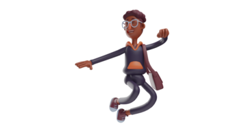 3D illustration. Active Student 3D Cartoon Character. Attractive man jumping happy. Student carry bag and dress ready to go to campus. Student is very enthusiastic. 3D cartoon character png