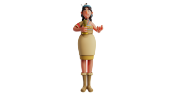 3D illustration. Sweet Woman 3D Cartoon Character. This beautiful woman showed her talent in singing. A beautiful woman holds a golden microphone and has a nice voice. 3D cartoon character png