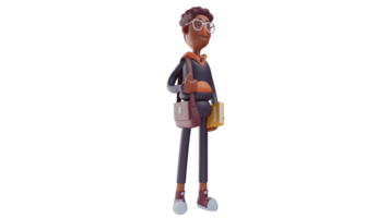 3D illustration. Enterprising Student 3D Cartoon Character. Student bring bag and textbook. Smart students will go to school. The male student showed an excited expression. 3D cartoon character png