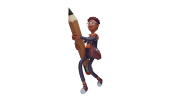 3D illustration. Cheerful Male 3D Cartoon Character. Man is playing with a giant pencil. Cheerful man smiling happily while running around. 3D cartoon character png