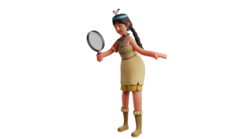 3d ilustração. inteligente indiano menina 3d desenho animado personagem. indiano menina é observando alguma coisa usando uma ampliação vidro. aluna quem é Boa às vestindo indiano fantasia. 3d desenho animado personagem png