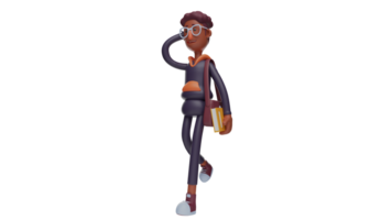 3d illustration. confus étudiant 3d dessin animé personnage. étudiant dans en marchant pose. une sucré étudiant porte une sac et livres à le salle de cours où il études. confus étudiant. 3d dessin animé personnage png