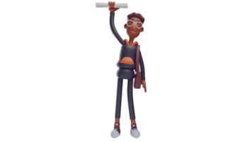 3D illustration. Young Teacher 3D Cartoon Character. Young teacher holding up a roll of paper. Smart student who brought a description of his research in the roll of paper. 3D cartoon character png