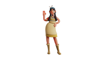 3D illustration. Model 3D Cartoon Character. Beautiful model waving her hand. Artists who wear Indian costumes and show sweet smiles. 3D cartoon character png