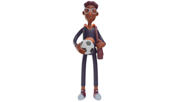 3D illustration. Handsome Student 3D Cartoon Character. Cool student is carrying a ball. Student will use his break time by playing football. Young man who really likes football. 3D cartoon character png