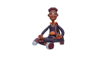 3D illustration. Tourist 3D Cartoon Character. Male tourist on holiday. Adorable tourist sits cross-legged and puts both hands in front. Tourist shows his smile. 3D cartoon character png