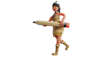 3D illustration. Attractive Indian Girl 3D Cartoon Character. Cute Indian girl running while carrying a giant pencil. Indian girl looks happy. 3D cartoon character png