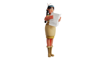 3D illustration. Indian Girl 3D cartoon character. Indian girl is standing while reading newspaper. Beautiful girl reading some important news. Girl showing a serious expression. 3D cartoon character png