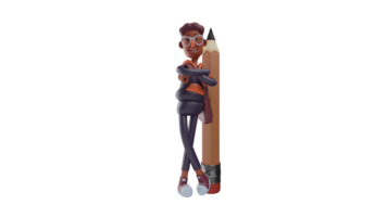 3d ilustração. legal Garoto 3d desenho animado personagem. a cara inclinado em uma gigante lápis. doce cara com dele braços cruzado. Garoto vestindo óculos e mostrando dele doce expressão. 3d desenho animado personagem png