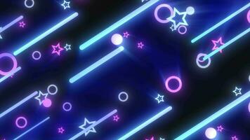 Blue purple glowing geometric abstract background pattern of flying lines of circles and stars video