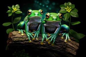 Tree frogs on a dark background. AI generated photo