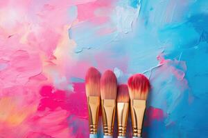 Brushes for drawing on an abstract pink background of oil paints. AI-Generated photo