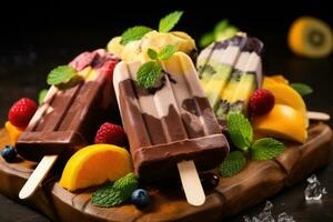 Chocolate ice cream on a stick with berries and fruits on a wooden board. AI Generated photo