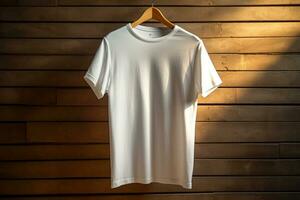 White T-shirt hanging on a hanger on a wooden background. AI Generated photo