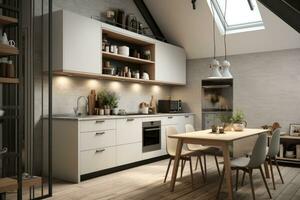 Small white kitchen with dining table. AI-Generated photo