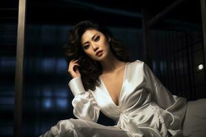 hermosa asiático niña vistiendo noche vestir en acogedor dormitorio ai generativo foto