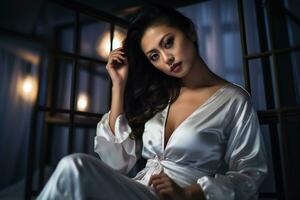 hermosa asiático niña vistiendo noche vestir en acogedor dormitorio ai generativo foto
