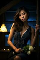 Beautiful asian girl wearing night dress in cozy bedroom AI Generative photo