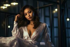 Beautiful asian girl wearing night dress in cozy bedroom AI Generative photo