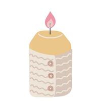 Wax candle in knitted decor. Christmas, spa, winter holiday, new year, home decoration. aroma candle vector